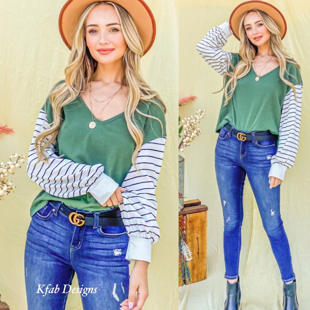 ❤️LAST 1! V Neck Kelly Green Stripe Contrast Ballon Sleeve Soft Knit Top! - Picture 3 of 11